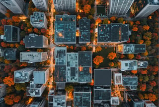 Night, autumn, view from the roof of a skyscraper, skyscrapers with orange windows, lanterns illuminate the foliage of trees and are reflected in the glass of skyscrapers