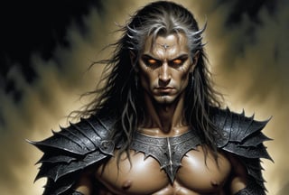 Create a portrait painting of the main antagonist of the demigod, serpentine creature with scales as black as night, glowing eyes like lightning, and razor-sharp teeth. </br> It is impossible to tell its age or gender as it is a mythological creature. Style of Medieval fantasy warrior art by Luis Royo. tan, black, tan, blanchedalmond colors. 8K HD.