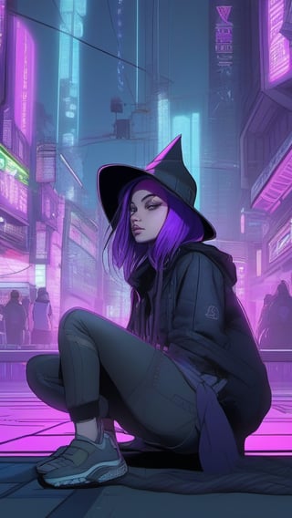 best quality, masterpiece, (detailed:1.2), 1girl, mona, squatting, cutesie, witch hat, science fiction, cyberpunk, purple hair, chromatic aberration, outdoors, city, crowd, faceless crowd","wallpaper, 1boy, solo, male focus, tattoo, monochrome, cyberpunk, (chromatic aberration), detailed background, mechanical parts, cable, indoors