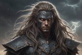 Create a portrait of the main antagonist of the demigod, he has long, flowing hair the color of storm clouds, serpentine creature with scales as black as night, glowing eyes like lightning, and razor-sharp teeth. </br> It is impossible to tell its age or gender as it is a mythological creature. Style of Medieval fantasy warrior art by Luis Royo. tan, black, tan, blanchedalmond colors. 8K HD.