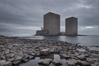 rocky coast without vegetation made of gray stone, gray water reflects, thin rectangular square dark brown skyscrapers with rectangular vertical frequent narrow windows, a cooling tower can be seen on the side on a separate stone island, low gray clouds often seeping through, and a few dark orange ones,
the sky is blue with a hint of purple on the horizon is white