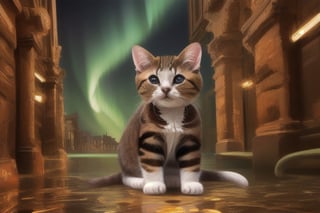 painting of A sky filled with a vibrant aurora borealis illuminating a city with grand columns while cats roam the streets and serpentine creatures swim in the oceans. Style of Cute cats and kittens with a mirror background. rosybrown, chocolate, sandybrown, darkred colors. 8K HD.