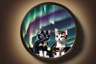 painting of A sky filled with a vibrant aurora borealis illuminating a city with grand columns while cats roam the streets and serpentine creatures swim in the oceans. Style of Cute cats and kittens with a mirror background. rosybrown, chocolate, sandybrown, darkred colors. 8K HD.