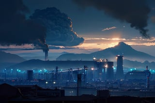 A dense layer of gray clouds illuminated in blue color from above, a small golden sun, light gray mountains in the distance on the horizon among which power plants and industrial buildings can be seen, closer gray mountains on the horizon among which power plants and industrial buildings can be seen, black mountains on the horizon among which power plants and industrial buildings can be seen,