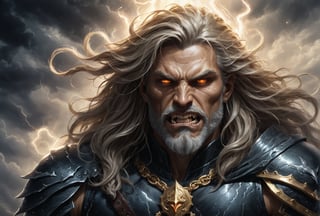 Create a portrait of the main antagonist of the demigod, he has long, flowing hair the color of storm clouds, serpentine creature with scales as black as night, glowing eyes like lightning, and razor-sharp teeth. </br> It is impossible to tell its age or gender as it is a mythological creature. Style of Medieval fantasy warrior art by Luis Royo. tan, black, tan, blanchedalmond colors. 8K HD.