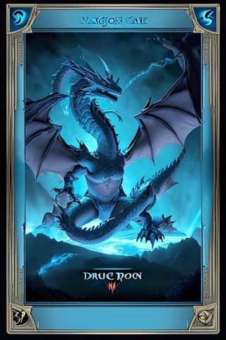 Magic the gathering dragon card, in a blue frame with a light azure field under the image of a dragon, with a detailed description of the rules of the card