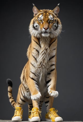 Wow, that's one majestic cat! It's almost like a tiger and a domestic cat had a super cool fusion. wearing yellow sneakers And about that '110', maybe it's part of a top-secret feline mission?