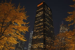 Night, autumn, skyscrapers with orange windows, lanterns highlight the golden foliage of the trees and are reflected in the glass of the skyscrapers