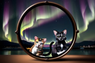 painting of A sky filled with a vibrant aurora borealis illuminating a city with grand columns while cats roam the streets and serpentine creatures swim in the oceans. Style of Cute cats and kittens with a mirror background. rosybrown, chocolate, sandybrown, darkred colors. 8K HD.