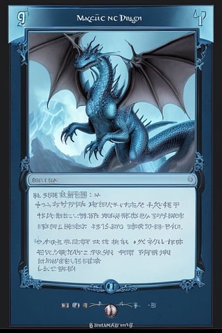 Magic the gathering dragon card,  in a blue frame with a light blue field under the image of a dragon,  with a detailed description of the rules of the card