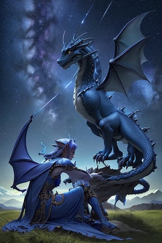 Tarot card, night, royal blue sky with stars and milky way, light azure clouds close to horizon, an awe-inspiring, artwork of the majestic light purple Dragon, this masterpiece showcases the power and mystique of the dragon in a mesmerizing, otherworldly setting. Young elf sitting around dragon and look to horizon, landscape is brushed green grass,