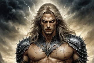 Create a portrait of the main antagonist of the demigod, he has long, flowing hair the color of storm clouds, serpentine creature with scales as black as night, glowing eyes like lightning, and razor-sharp teeth. </br> It is impossible to tell its age or gender as it is a mythological creature. captivating with mystery and at the same time repulsive, from whose gaze your throat dries up and you are speechless, but you can feel his strong spirit and sense of heroism, so that sometimes you donТt understand whether he is a villain or a hero in front of you. Style of Medieval fantasy warrior art by Luis Royo. tan, black, tan, blanchedalmond colors. 8K HD.