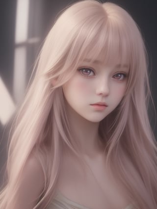 Anime style portrait of a young woman with long straight golden hair and bangs, soft violet eyes, delicate facial features, wearing a light-colored top. The expression is serene and slightly melancholic. Soft lighting, pastel color palette. High-quality, detailed anime art style.