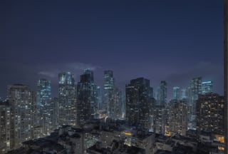night, cloud lumened by city, bright moon, dark-gray-purple sky; sky scrapers square and rectangular skyscrapers with white frequent square windows, shades of skyscraper windows: dark blue, dark turquoise. The roofs of skyscrapers from dark squares or illuminated with a dim blue border,