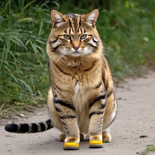 Wow, that's one majestic cat! It's almost like a tiger and a domestic cat had a super cool fusion. wearing yellow sneakers And about that '110', maybe it's part of a top-secret feline mission?