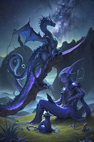 Tarot card, night, royal blue sky with stars and milky way, light azure clouds close to horizon, an awe-inspiring, artwork of the majestic light purple Dragon, this masterpiece showcases the power and mystique of the dragon in a mesmerizing, otherworldly setting. Young elf sitting around dragon and look to horizon, landscape is brushed green grass,