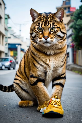 Wow, that's one majestic cat! It's almost like a tiger and a domestic cat had a super cool fusion. wearing yellow sneakers And about that '110', maybe it's part of a top-secret feline mission?