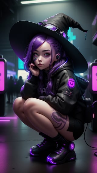 best quality, masterpiece, (detailed:1.2), 1girl, mona, squatting, cutesie, witch hat, science fiction, cyberpunk, purple hair, chromatic aberration, outdoors, city, crowd, faceless crowd","wallpaper, 1boy, solo, male focus, tattoo, monochrome, cyberpunk, (chromatic aberration), detailed background, mechanical parts, cable, indoors