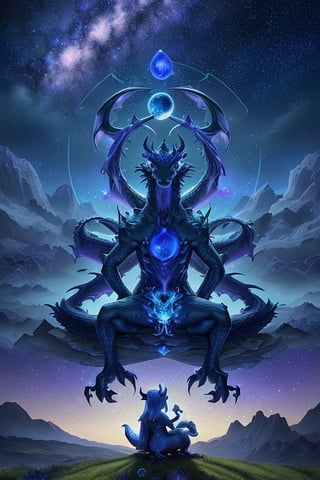 Tarot card, night, royal blue sky with stars and milky way, light azure clouds close to horizon, an awe-inspiring, artwork of the majestic light purple Dragon, this masterpiece showcases the power and mystique of the dragon in a mesmerizing, otherworldly setting. Young elf sitting around dragon and look to horizon, landscape is brushed green grass,