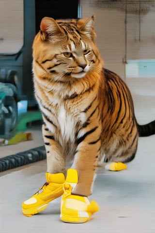 Wow, that's one majestic cat! It's almost like a tiger and a domestic cat had a super cool fusion. wearing yellow sneakers And about that '110', maybe it's part of a top-secret feline mission?