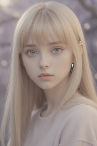 Anime style portrait of a young woman with long straight golden hair and bangs, soft violet eyes, delicate facial features, The expression is serene and slightly melancholic. Soft lighting, pastel color palette. High-quality, detailed anime art style. 