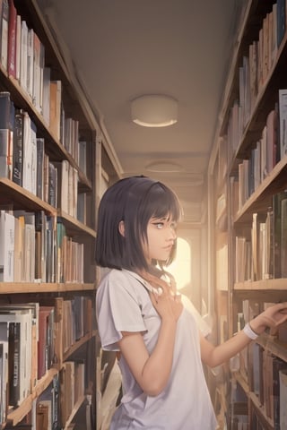 An anime girl with bangs and medium length hair in the school library, feels the breath of spring and sun, the sun falling on the shelves in the school library, creates a feeling of morning and at the same time has the charm of sunset, but in reality it is not clear what time, as if it was out of time, either It was such a good day that it seems that now it will always be like this.