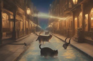 painting of A sky filled with a vibrant aurora borealis illuminating a city with grand columns while cats roam the streets and serpentine creatures swim in the oceans. Style of Cute cats and kittens with a mirror background. rosybrown, chocolate, sandybrown, darkred colors. 8K HD.