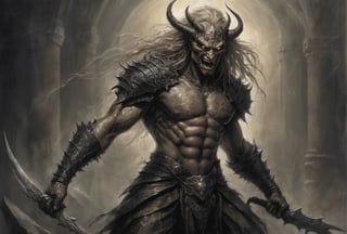 Create a portrait painting of the main antagonist of the demigod, serpentine creature with scales as black as night, glowing eyes like lightning, and razor-sharp teeth. </br> It is impossible to tell its age or gender as it is a mythological creature. 
Style of Medieval fantasy warrior art by Luis Royo. tan, black, tan, blanchedalmond colors. 8K HD.