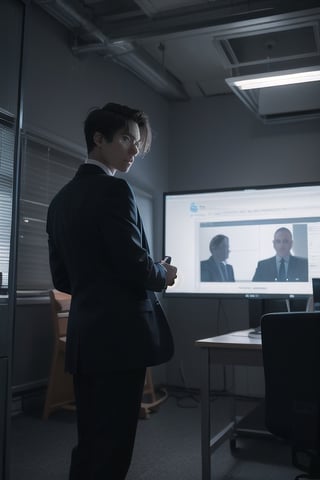 noir style detective standing in office thinking about case,  around table with compter led display,  night,  dark clouds seen throught small window with blinds