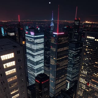 8 bit textures, panorama view from the roof of a skyscraper. dark-orange cloud lumened by city,  bright moon,  dark-gray-purple sky; sky scrapers square and rectangular skyscrapers with white frequent square windows,  shades of skyscraper windows: light green,  light blue,  dark blue,  dark turquoise. The roofs of skyscrapers from dark squares to squares are illuminated with a dim blue square border,  some of the skyscrapers are topped with red lights in the corners,  one skyscraper with a red diode above it warning aircraft. brilliant coloring, crispy quality, vray; Pixar, ; HD, HDR, SF, CGSociety, 16k, photorealistic, unreal engine