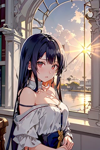 This image showcases the anime girl with bangs and medium-long hair in a school library, bathed in the light of the sun that creates a fusion of morning clarity and sunset charm. The atmosphere is timeless, suggesting that this beautiful day has stepped out of the regular flow of time and feels like it will last forever.