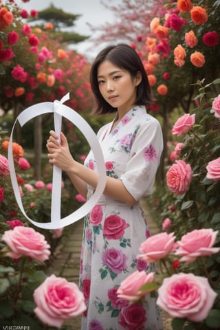 A japan woman stands in the midst of a rose garden, and holding a white ribbon with 'VICIOK' inscribed on it, surrounded by a kaleidoscope of blooming flowers, creating a vibrant and romantic atmosphere. Her pose adds to the expressiveness and vibrancy of the scene.