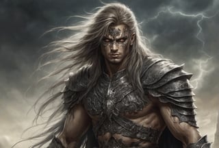 Create a portrait of the main antagonist of the demigod, he has long, flowing hair the color of storm clouds, serpentine creature with scales as black as night, glowing eyes like lightning, and razor-sharp teeth. </br> It is impossible to tell its age or gender as it is a mythological creature. captivating with mystery and at the same time repulsive, from whose gaze your throat dries up and you are speechless, but you can feel his strong spirit and sense of heroism, so that sometimes you donТt understand whether he is a villain or a hero in front of you.
Style of Medieval fantasy warrior art by Luis Royo. tan, black, tan, blanchedalmond colors. 8K HD.