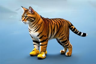 Wow, that's one majestic cat! It's almost like a tiger and a domestic cat had a super cool fusion. wearing yellow sneakers And about that '110', maybe it's part of a top-secret feline mission?