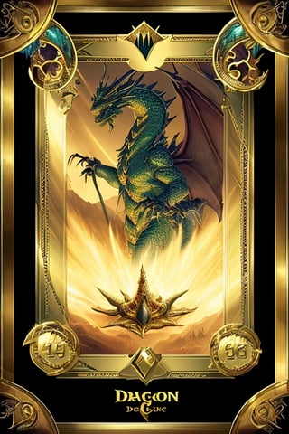 magic the gathering dragon card,  in a gold frame with a light gold field under the image of a dragon,  with a detailed description of the rules of the card