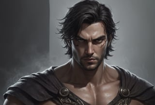 Create a portrait of the main antagonist of the demigod, captivating with mystery and at the same time repulsive, from whose gaze your throat dries up and you are speechless, but you can feel his strong spirit and sense of heroism, so that sometimes you don’t understand whether he is a villain or a hero in front of you.