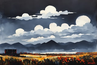 Start with the sky: use a soft bristled brush to create dense gray clouds. Use gray watercolor or gouache, mixed lightly with white to add dimension. Next, color the edges of the clouds red: use red mixed with orange to simulate the glow from the sun. Smoothly transition from gray to red. Sun: Paint a small circle of golden color at the edge of the clouds, making it more intense in the center and paler towards the edges. Mountains in the distance: Go with dark gray and a hint of blue to create the look of distant mountains. Mark the contours of industrial structures and buildings with thin lines using white paint or a thin pencil. Nearby Mountains: Use darker shades of gray to make them stand out against the distant mountains. Also add shadows of the clouds to show that they are closer. Outline industrial forms darker to show their outlines. Front exposed black mountains: use black paint for definition and definition of the lines. Leave small shiny dots or near the outline of the building to show that there is industry there, even if it is hard to see.