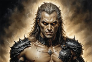 Create a portrait painting of the main antagonist of the demigod, serpentine creature with scales as black as night, glowing eyes like lightning, and razor-sharp teeth. </br> It is impossible to tell its age or gender as it is a mythological creature. Style of Medieval fantasy warrior art by Luis Royo. tan, black, tan, blanchedalmond colors. 8K HD.