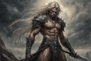 Create a portrait of the main antagonist of the demigod, he has long, flowing hair the color of storm clouds, serpentine creature with scales as black as night, glowing eyes like lightning, and razor-sharp teeth. </br> It is impossible to tell its age or gender as it is a mythological creature. captivating with mystery and at the same time repulsive, from whose gaze your throat dries up and you are speechless, but you can feel his strong spirit and sense of heroism, so that sometimes you donТt understand whether he is a villain or a hero in front of you. Style of Medieval fantasy warrior art by Luis Royo. tan, black, tan, blanchedalmond colors. 8K HD.