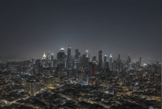 a group of gold square-shaped ornaments on black ground surrounded by gray lines, and gray ornaments with rectangular lines; light bluish gray-light skyscrapers, sometimes with a light greenish tint, with frequent square windows, above two skyscrapers there is a red diode warning aircraft; with a dark gray sky and a clear gray sky illuminated by a bright white-blue moon,