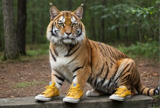 Wow, that's one majestic cat! It's almost like a tiger and a domestic cat had a super cool fusion. wearing yellow sneakers And about that '110', maybe it's part of a top-secret feline mission?