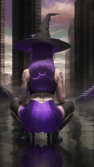 best quality, masterpiece, (detailed:1.2), 1girl, mona, squatting, cutesie, witch hat, science fiction, cyberpunk, purple hair, chromatic aberration, outdoors, city, crowd, faceless crowd","wallpaper, 1boy, solo, male focus, tattoo, monochrome, cyberpunk, (chromatic aberration), detailed background, mechanical parts, cable, indoors