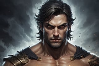 Create a portrait of the main antagonist of the demigod, captivating with mystery and at the same time repulsive, from whose gaze your throat dries up and you are speechless, but you can feel his strong spirit and sense of heroism, so that sometimes you don’t understand whether he is a villain or a hero in front of you.