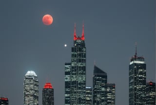 light bluish gray-light skyscrapers, sometimes with a light greenish tint, with frequent square windows, above two skyscrapers there is a red diode warning aircraft; with a dark gray sky and a clear gray sky illuminated by a bright white-blue moon