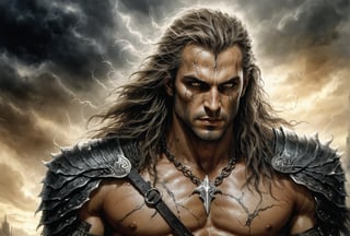 Create a portrait of the main antagonist of the demigod, he has long, flowing hair the color of storm clouds, serpentine creature with scales as black as night, glowing eyes like lightning, and razor-sharp teeth. </br> It is impossible to tell its age or gender as it is a mythological creature. captivating with mystery and at the same time repulsive, from whose gaze your throat dries up and you are speechless, but you can feel his strong spirit and sense of heroism, so that sometimes you donТt understand whether he is a villain or a hero in front of you. Style of Medieval fantasy warrior art by Luis Royo. tan, black, tan, blanchedalmond colors. 8K HD.