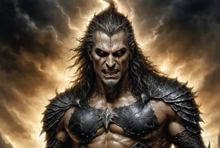 Create a portrait painting of the main antagonist of the demigod, serpentine creature with scales as black as night, glowing eyes like lightning, and razor-sharp teeth. </br> It is impossible to tell its age or gender as it is a mythological creature. Style of Medieval fantasy warrior art by Luis Royo. tan, black, tan, blanchedalmond colors. 8K HD.