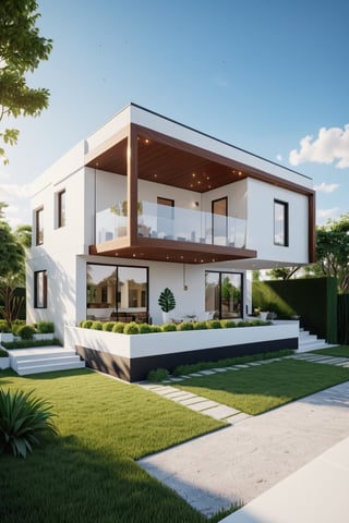 (masterpiece),(high quality), best quality, real,(realistic), super detailed, (full detail),(4k),8k,WHITE modern house exterior design,Modern architecture,Beautiful_sky,Day light, no_humans, outdoors,sky,tree;