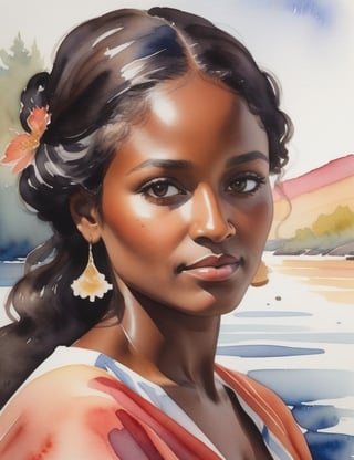 "Craft a serene watercolor artwork portraying a 30-year-old woman from the United States. Capture the gentle details of her dark skin tone and wavy, voluminous hair in a close-up of her face. Draw inspiration from artists like Winslow Homer, Mary Whyte, and Kadir Nelson, known for their ability to infuse life and serenity into their watercolor portraits."

