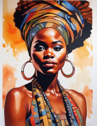 "Create a stunning watercolor canvas artwork, portraying a 25-year-old African woman. Draw inspiration from artists like Laolu Senbanjo, Toyin Ojih Odutola, and Eddy Kamuanga Ilunga. Use a vibrant and diverse color palette to celebrate the richness of her heritage, capturing the beauty of her tightly knit, curly hair in a close-up view of her face. Convey an intimate and expressive atmosphere through the dynamic application of watercolors."

