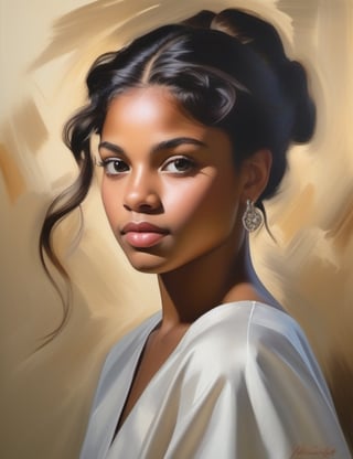 "Craft an exquisite canvas artwork using fine brushstrokes, portraying a 15-year-old American girl. Draw inspiration from artists like John Singer Sargent, Mary Cassatt, and Kehinde Wiley. Utilize a subtle color palette to capture the nuances of her morena skin tone and the free-spirited, short, and loose texture of her hair in a close-up view of her face. Convey an intimate and expressive atmosphere through the refined application of fine brushstrokes."

